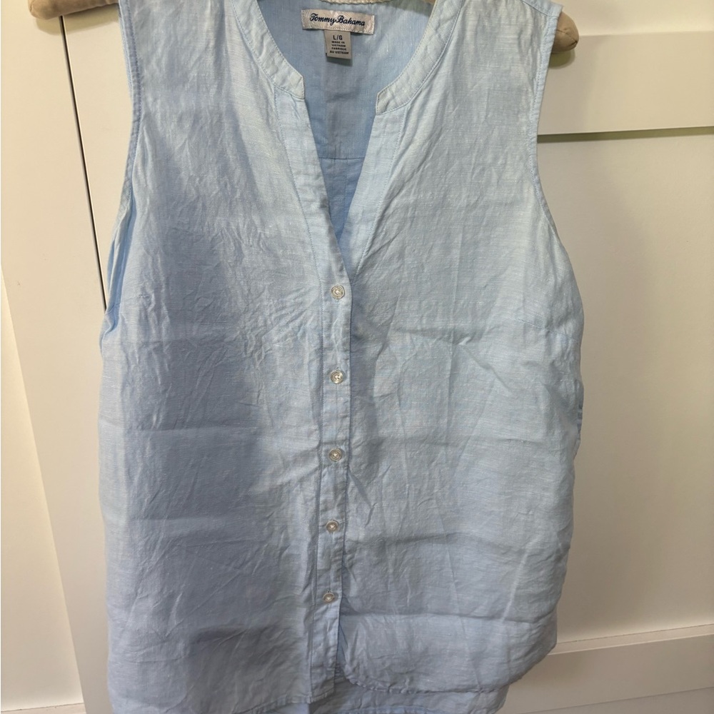 Tommy Bahama Pale Blue Linen Sleeveless Button-Up Shirt - large